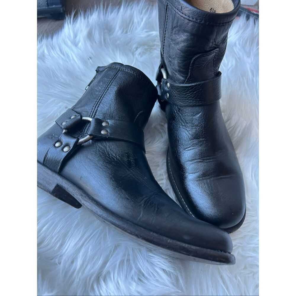Frye Women's Phillip Harness Boots 6.5 B Black Leather Ankle Zip Motorcycle